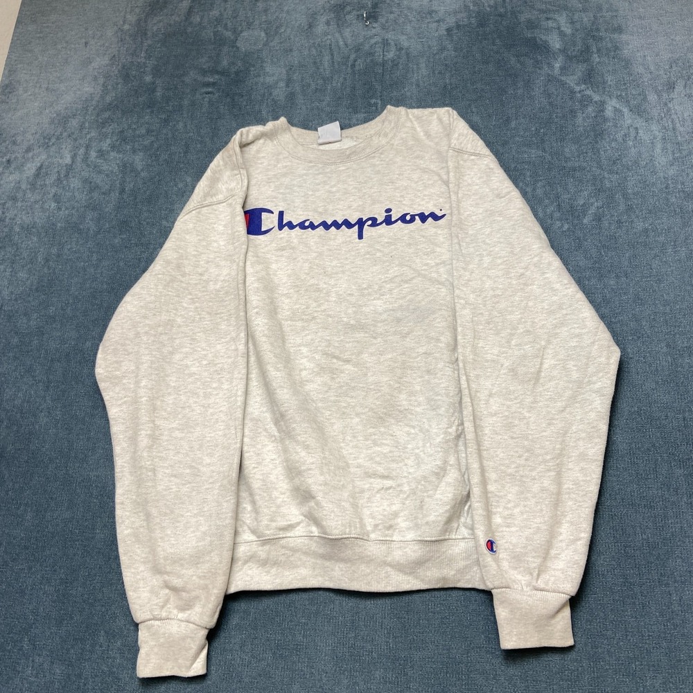 Champion Sweatshirt Mens Medium Heather Gray Fleece Lined Wordmark Logo Pullover